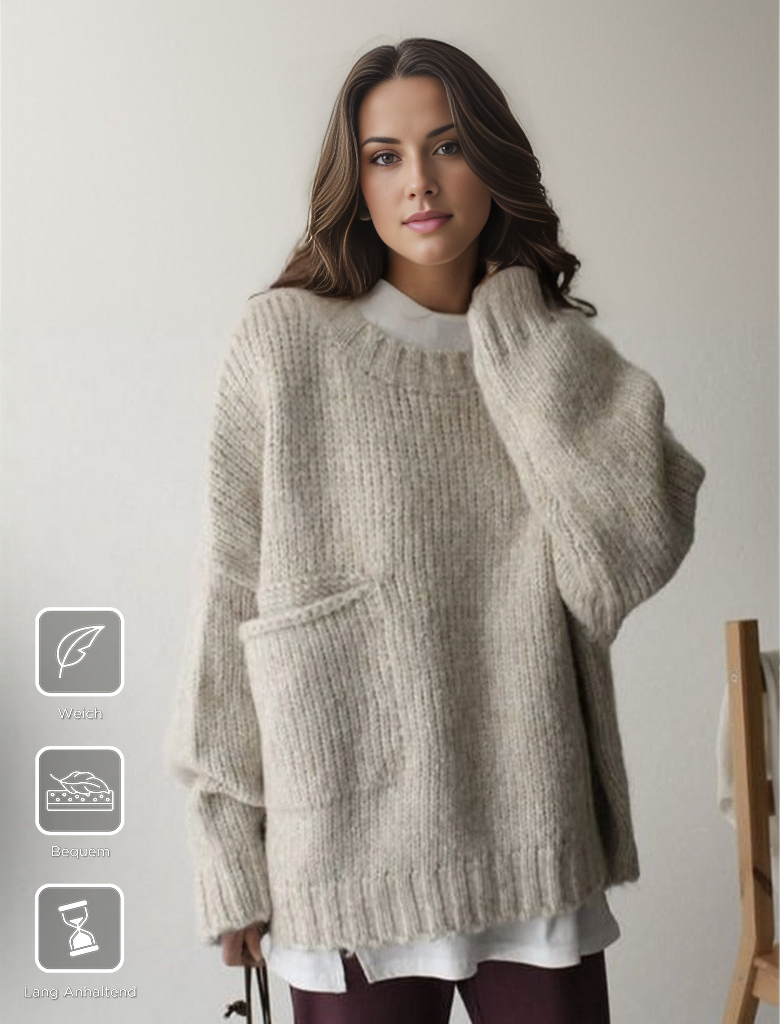 FallStil - Oversize Pullover mit elfenbeinfarbener Taschenfront