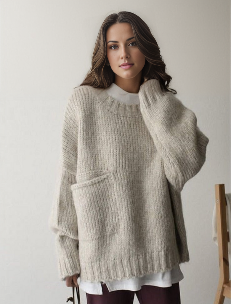 FallStil - Oversize Pullover mit elfenbeinfarbener Taschenfront