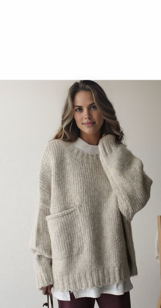 FallStil - Oversize Pullover mit elfenbeinfarbener Taschenfront